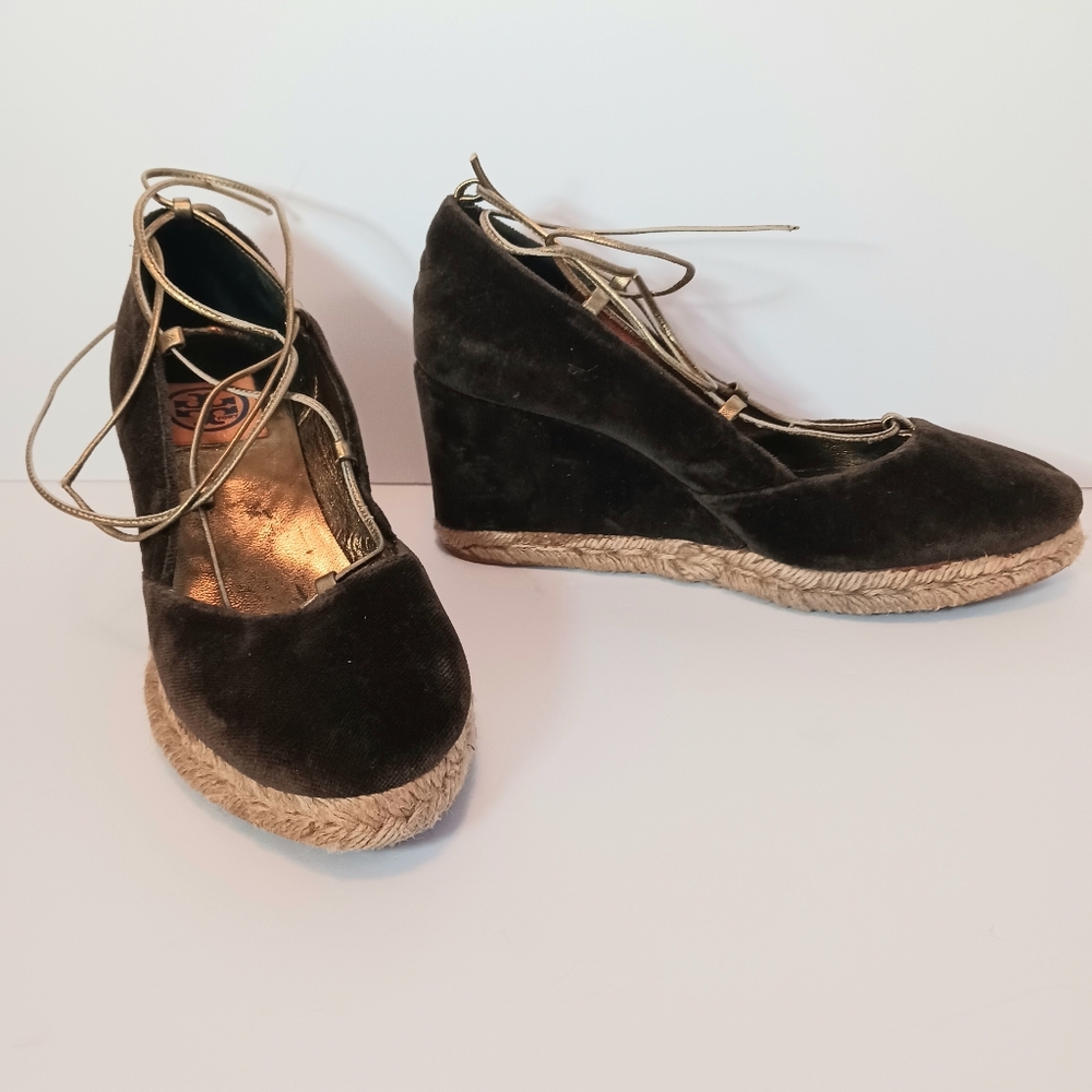 TORY BURCH Brown Velvet Espadrille Wedges Ankle Tie Sz 8.5 WornButNotWornOut